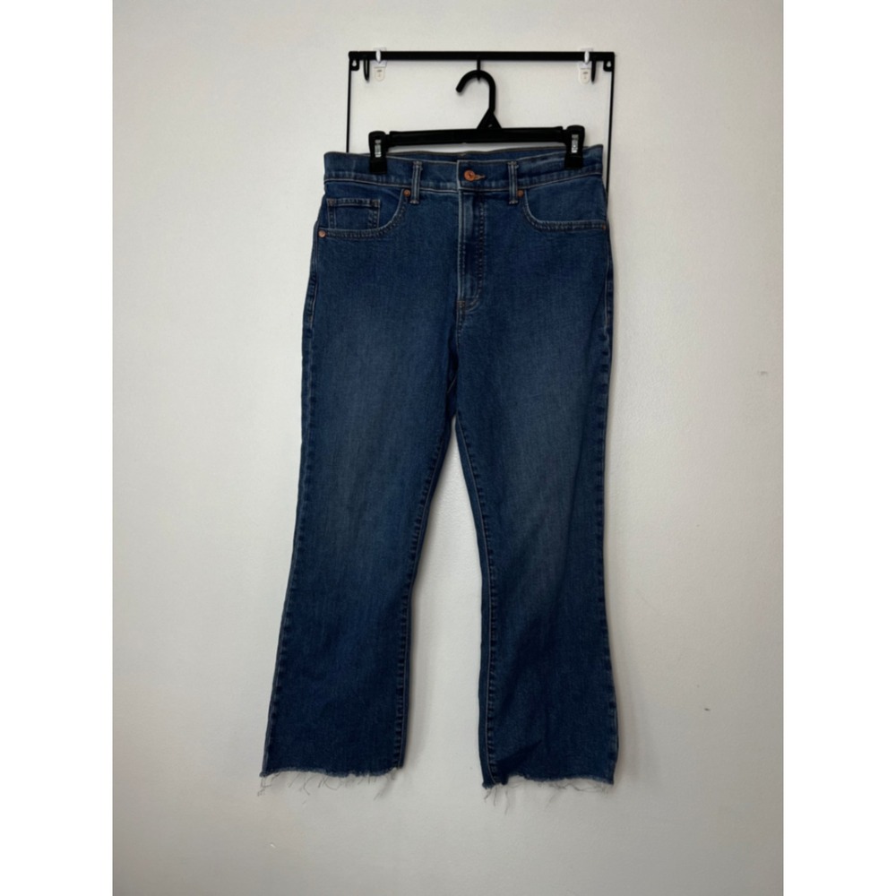 Express Cropped Flare High Rise Jeans Medium Wash Raw Hem Womens Size 6